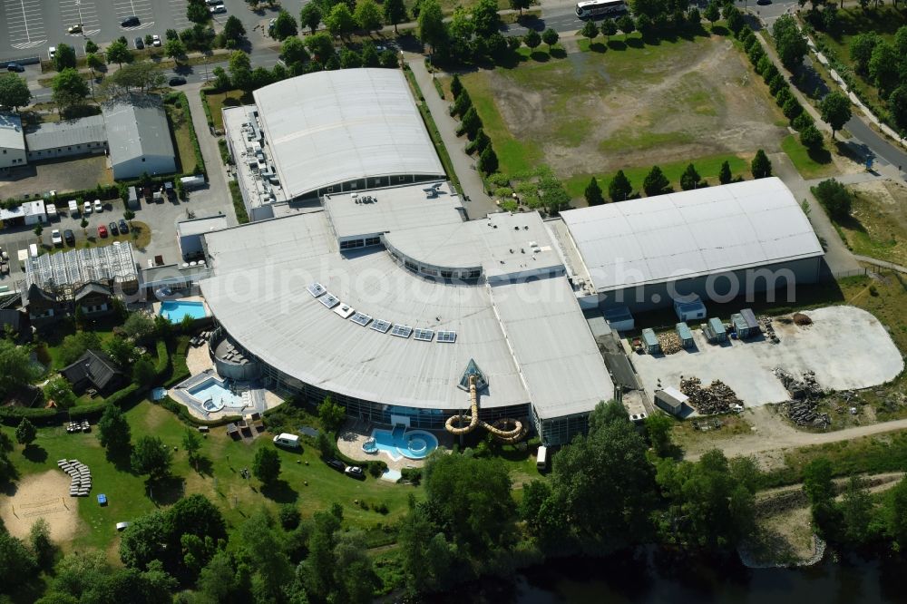 Oranienburg from above - Spa and swimming pools at the swimming pool of the leisure facility TURM ErlebnisCity on Andre-Picon-Strasse in Oranienburg in the state Brandenburg, Germany