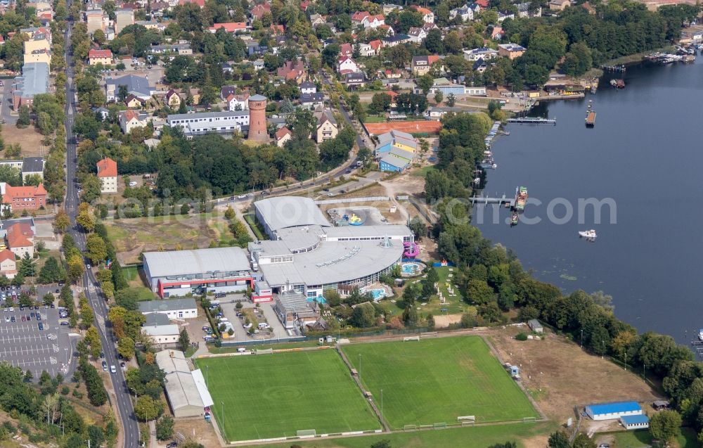 Oranienburg from above - Spa and swimming pools at the swimming pool of the leisure facility TURM ErlebnisCity on Andre-Picon-Strasse in Oranienburg in the state Brandenburg, Germany