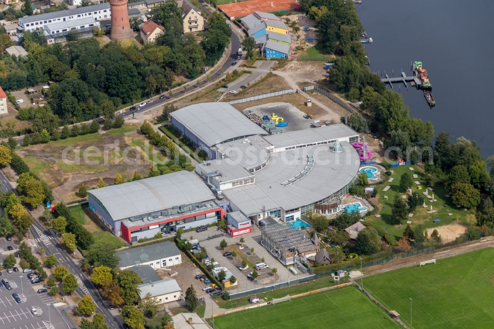 Aerial image Oranienburg - Spa and swimming pools at the swimming pool of the leisure facility TURM ErlebnisCity on Andre-Picon-Strasse in Oranienburg in the state Brandenburg, Germany