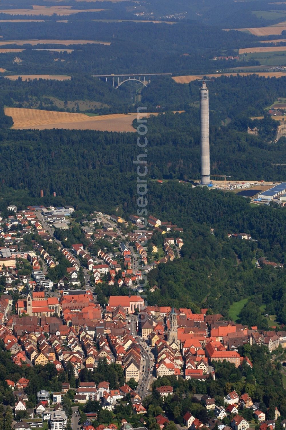 Aerial photograph Rottweil - Site of the ThyssenKrupp testing tower for Speed elevators in Rottweil in Baden - Wuerttemberg