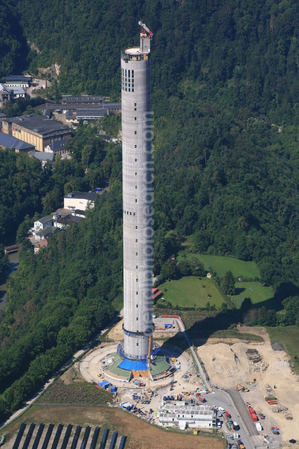 Rottweil from the bird's eye view: Site of the ThyssenKrupp testing tower for Speed elevators in Rottweil in Baden - Wuerttemberg