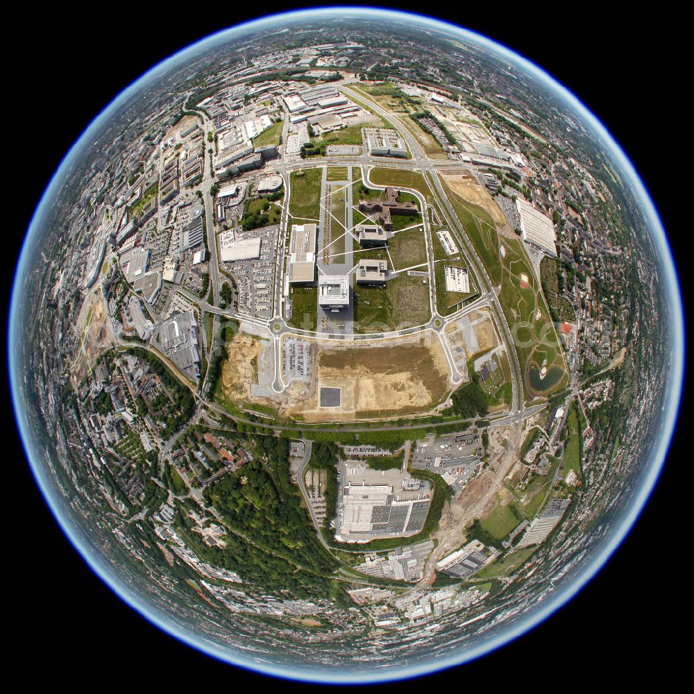 Aerial photograph Essen - Fish eye look at the headquarter of ThyssenKrupp in Essen