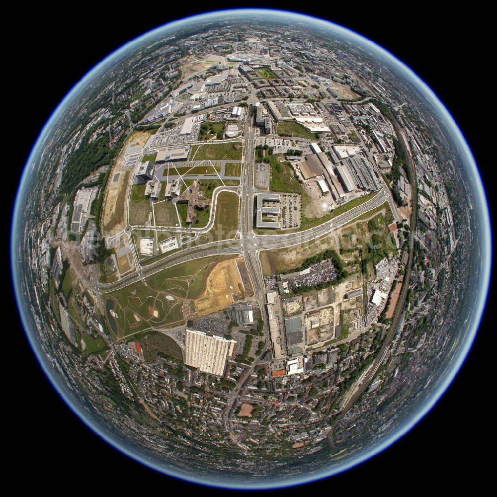 Essen from above - Fish eye look at the headquarter of ThyssenKrupp in Essen