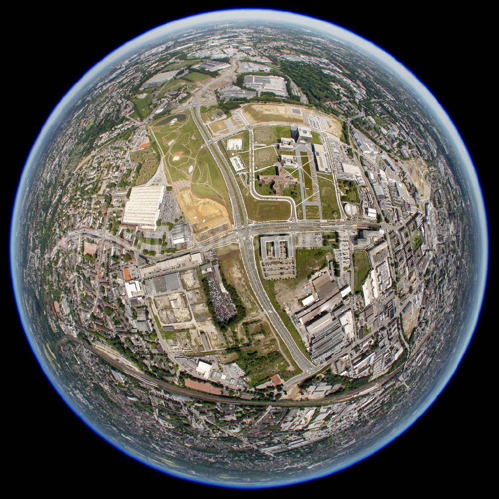 Essen from the bird's eye view: Fish eye look at the headquarter of ThyssenKrupp in Essen