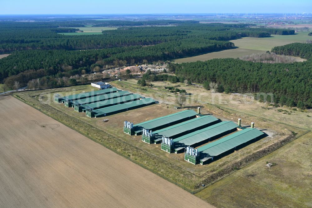 Wittstock/Dosse from above - Animal breeding equipment Livestock breeding for meat production on a field in Wittstock/Dosse in the state Brandenburg, Germany