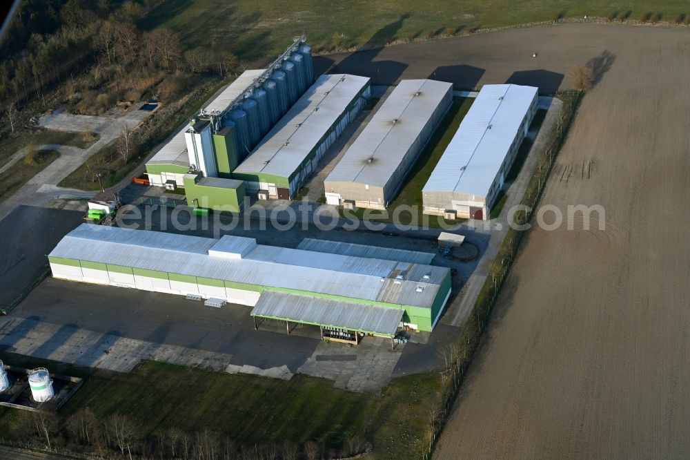 Schönermark from above - Animal breeding equipment Livestock breeding for meat production Hauptgenossenschaft Nord Ag on street Fuerstenwerder Strasse in Schoenermark Uckermark in the state Brandenburg, Germany