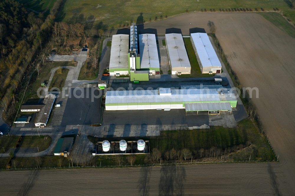 Schönermark from above - Animal breeding equipment Livestock breeding for meat production Hauptgenossenschaft Nord Ag on street Fuerstenwerder Strasse in Schoenermark Uckermark in the state Brandenburg, Germany