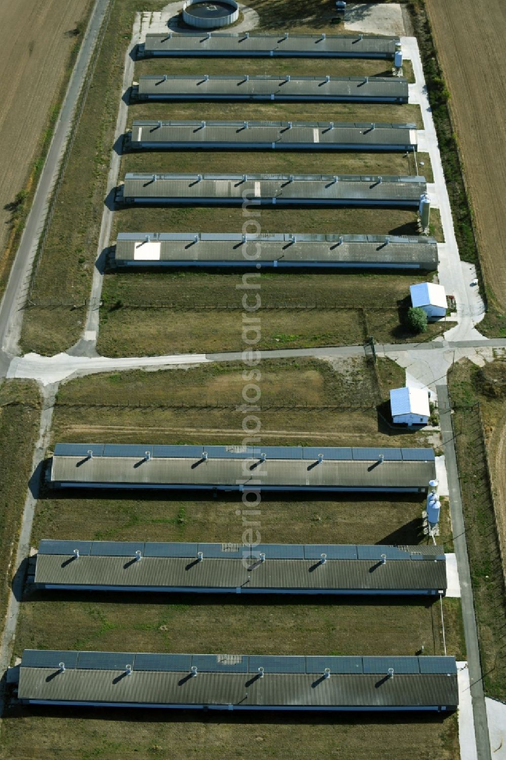 Oppin from above - Animal breeding equipment Livestock breeding for meat production in Oppin in the state Saxony-Anhalt, Germany