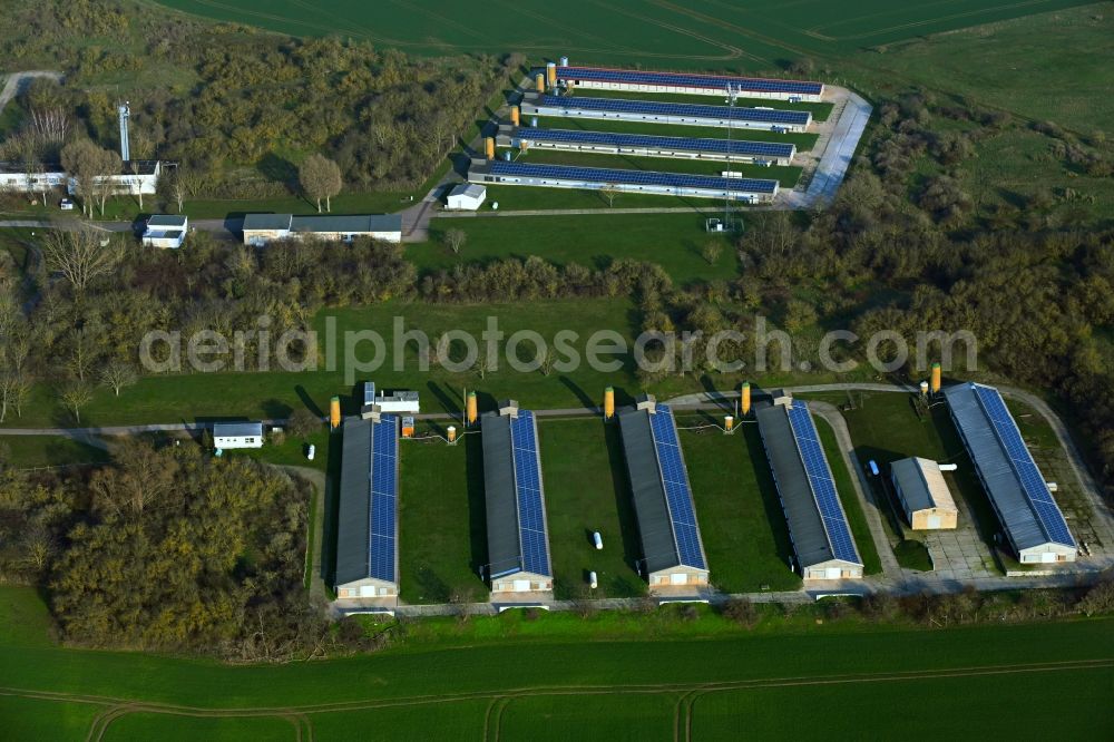 Wettin from the bird's eye view: Animal breeding equipment Livestock breeding for meat production in Wettin in the state Saxony-Anhalt, Germany