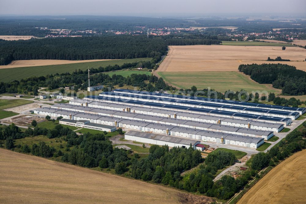 Kuhlowitz from the bird's eye view: Stalled equipment for poultry farming and poultry production Duck-tec Brueterei GmbH in Kuhlowitz in the state Brandenburg, Germany