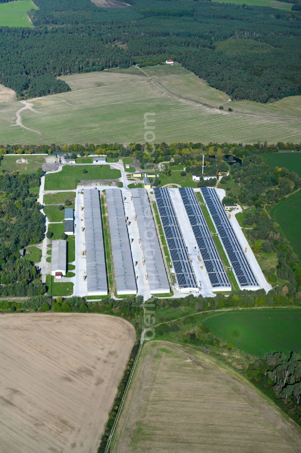 Kuhlowitz from above - Stalled equipment for poultry farming and poultry production Duck-tec Brueterei GmbH in Kuhlowitz in the state Brandenburg, Germany