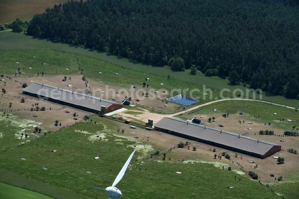 Aerial image Zempow - Stalled equipment for poultry farming in the North of Zempow in the state of Brandenburg. The premises with outdoor and two indoor facilities is surrounded by fields