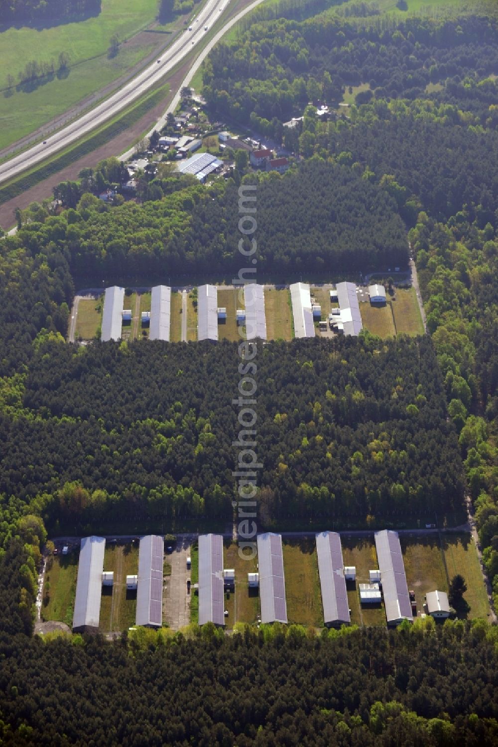 Stahnsdorf from above - Stalled equipment for poultry farming and poultry production Storkower Gefluegelmast GmbH in Stahnsdorf in the state Brandenburg