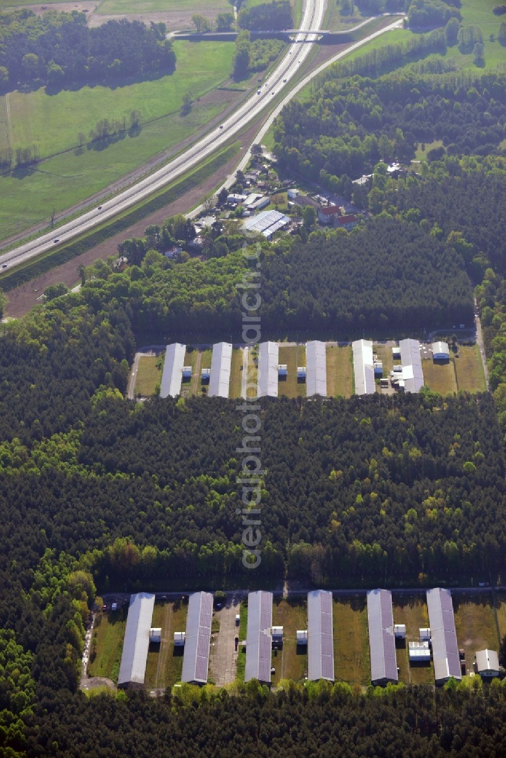 Stahnsdorf from the bird's eye view: Stalled equipment for poultry farming and poultry production Storkower Gefluegelmast GmbH in Stahnsdorf in the state Brandenburg