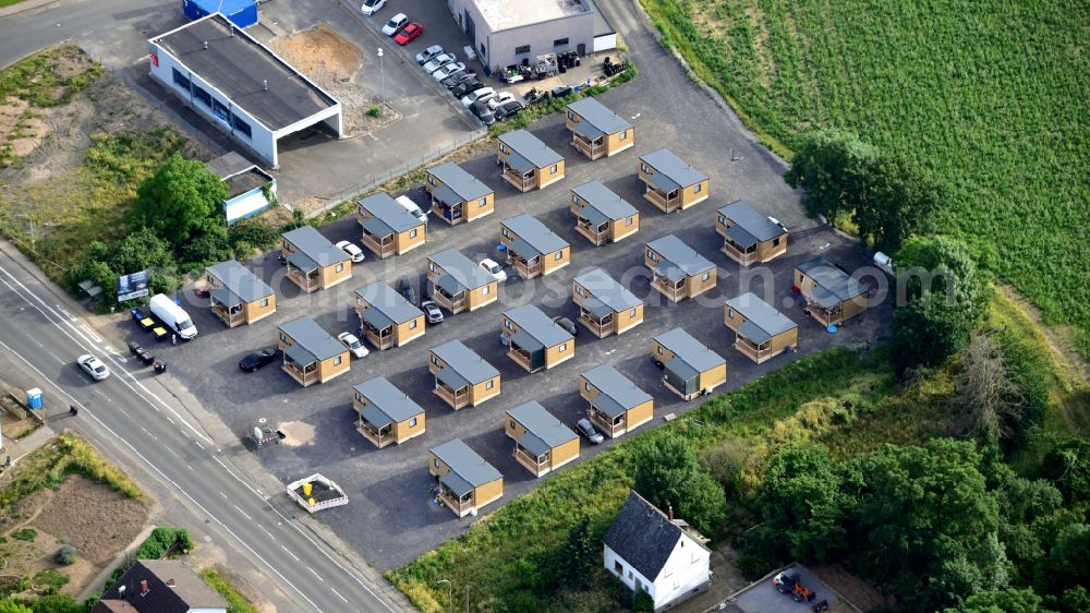 Sinzig from above - Tiny House in Sinzig in the state Rhineland-Palatinate, Germany. These are temporary emergency shelters for homeless flood victims from the Ahr Valley