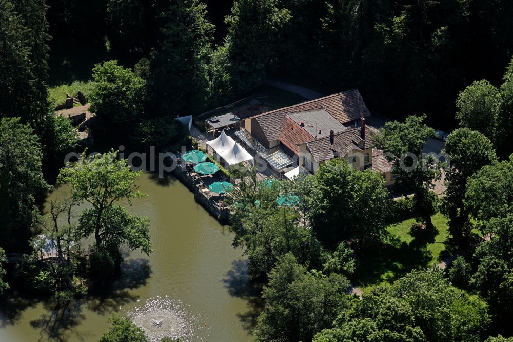 Freiburg im Breisgau from the bird's eye view: Tables and benches of the open-air restaurant Gaststaette Waldsee on the Waldsee in Freiburg im Breisgau in the state Baden-Wuerttemberg, Germany