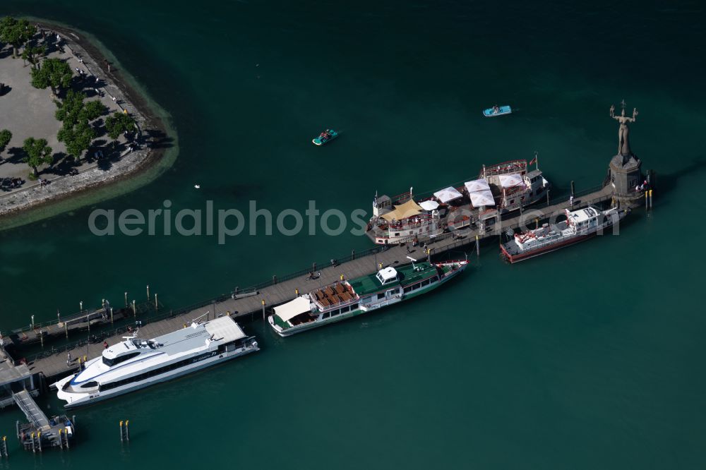 Konstanz from above - Tables and benches of open-air restaurant Historische Faehre Konstanz in the district Altstadt in Konstanz at Bodensee in the state Baden-Wuerttemberg, Germany