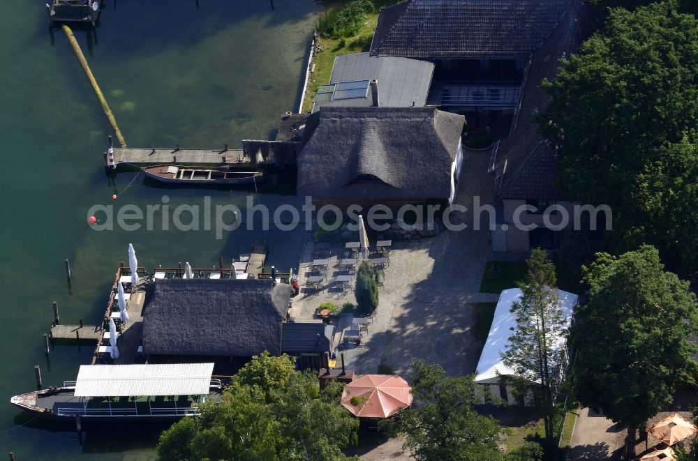 Aerial image Altenhof, Schorfheide - Tables and benches of open-air restaurants Old fishing on the shores of the Werbellinsee in Altenhof, Schorfheide in the state Brandenburg