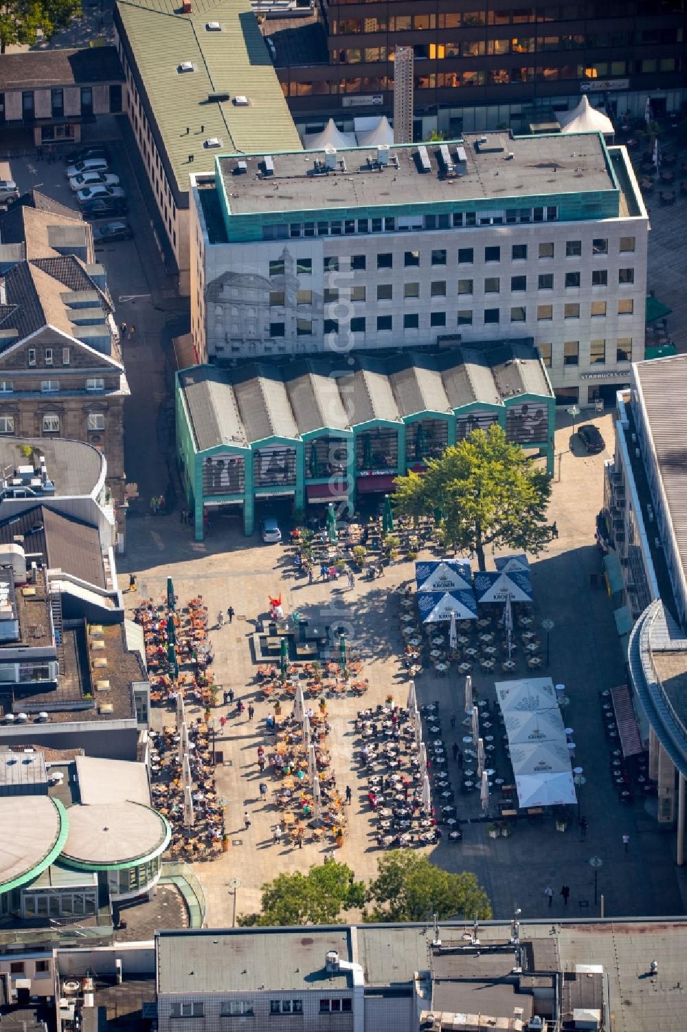 Aerial image Dortmund - Tables and benches of open-air restaurants in Dortmund in the state North Rhine-Westphalia