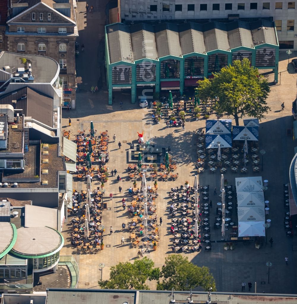 Aerial photograph Dortmund - Tables and benches of open-air restaurants in Dortmund in the state North Rhine-Westphalia