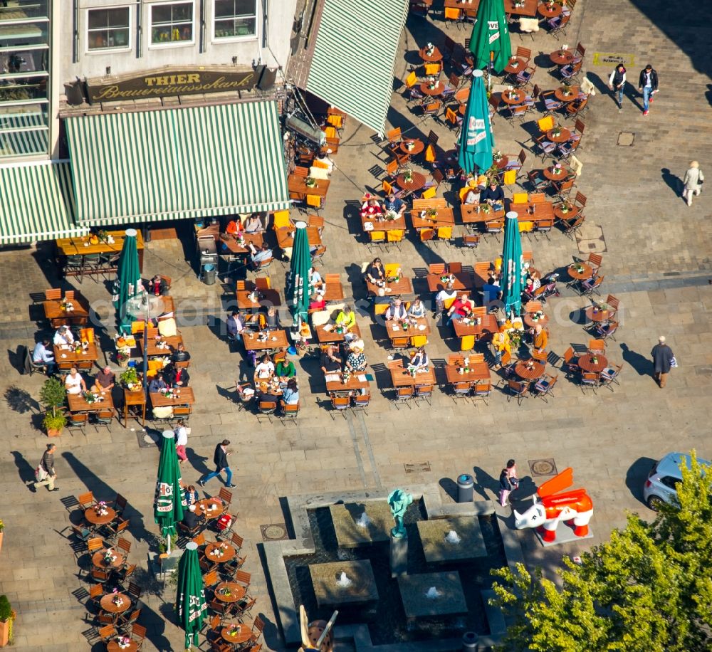 Dortmund from above - Tables and benches of open-air restaurants in Dortmund in the state North Rhine-Westphalia