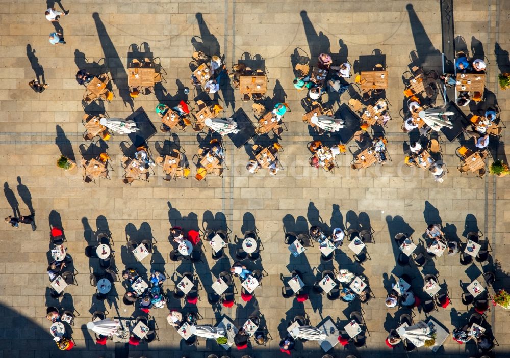 Dortmund from the bird's eye view: Tables and benches of open-air restaurants in Dortmund in the state North Rhine-Westphalia