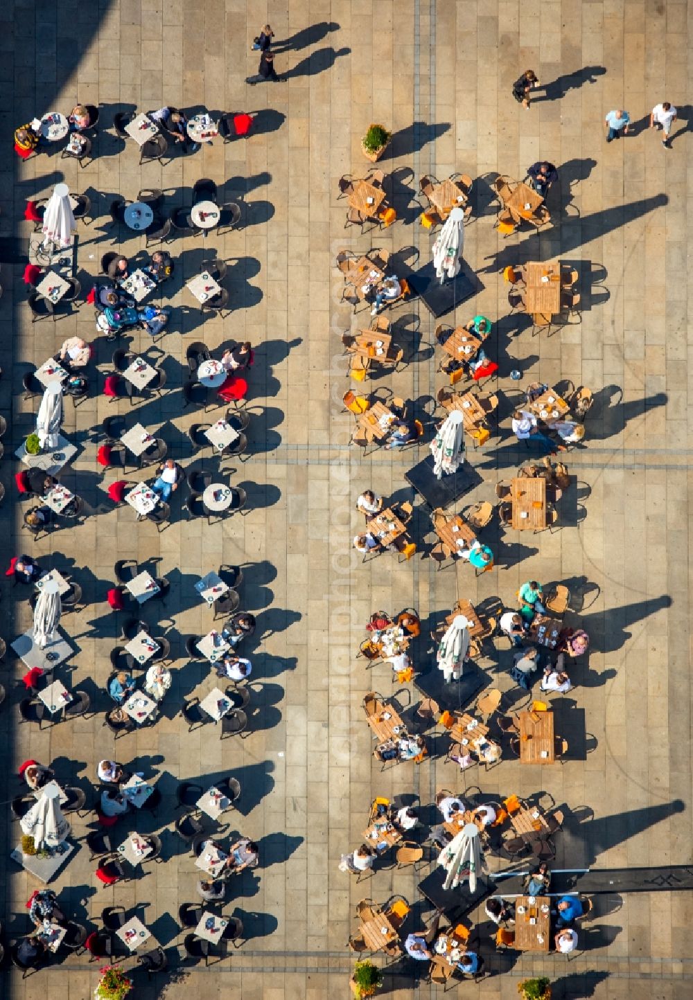 Aerial image Dortmund - Tables and benches of open-air restaurants in Dortmund in the state North Rhine-Westphalia