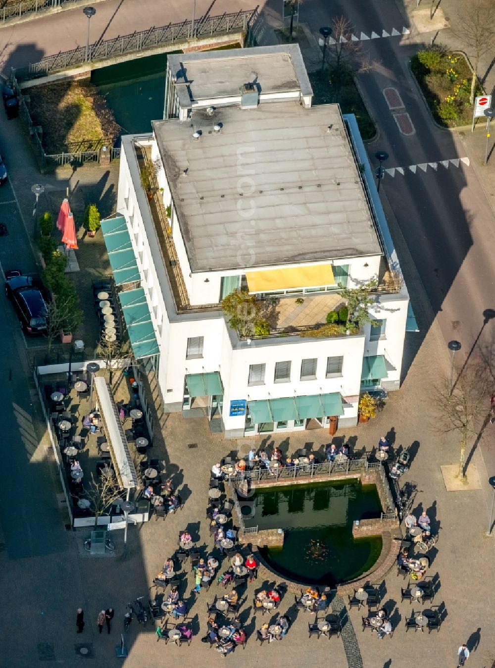 Aerial image Dorsten - Tables and benches of open-air restaurants in old town in Dorsten in the state North Rhine-Westphalia