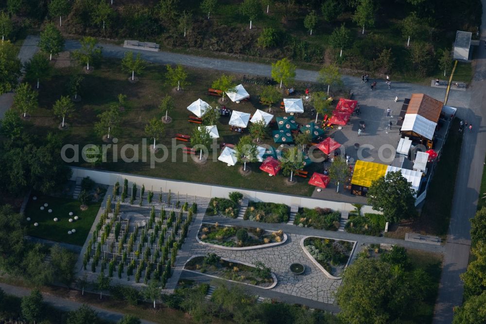 Würzburg from the bird's eye view: Tables and benches of open-air restaurants Biergarten in Hubland in the district Frauenland in Wuerzburg in the state Bavaria, Germany