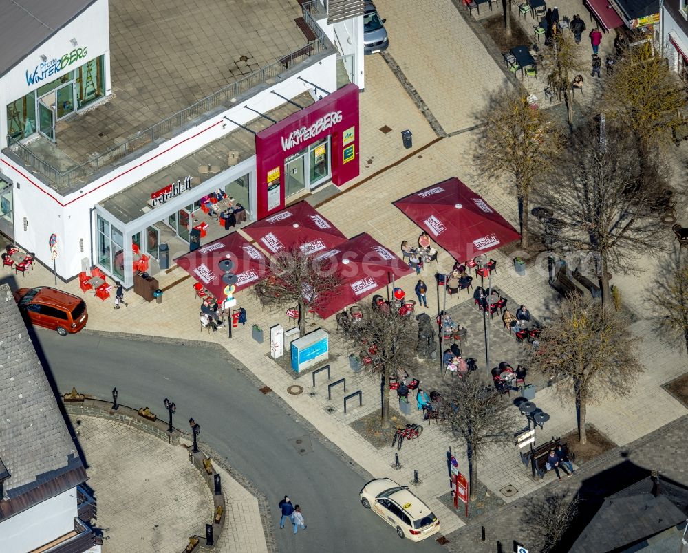 Aerial photograph Winterberg - Tables and benches of open-air restaurants Cafe Extrablatt Winterberg Untere Pforte in Winterberg at Sauerland in the state North Rhine-Westphalia, Germany