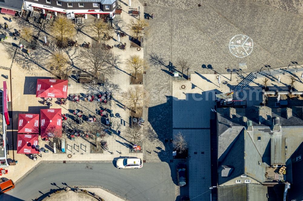 Aerial photograph Winterberg - Tables and benches of open-air restaurants Cafe Extrablatt Winterberg Untere Pforte in Winterberg at Sauerland in the state North Rhine-Westphalia, Germany