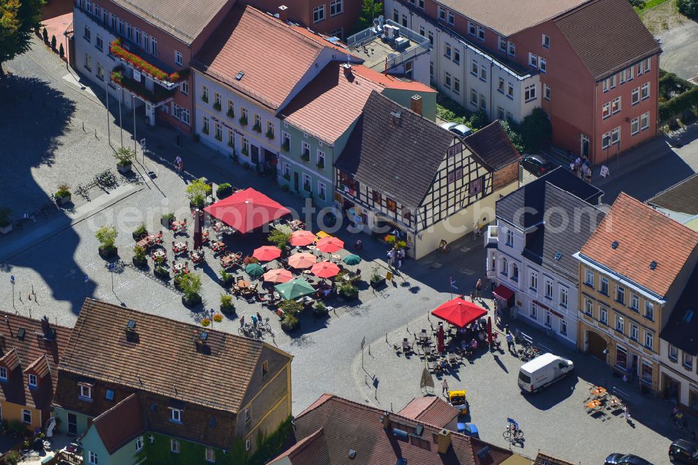 Lübbenau/Spreewald from above - Tables and benches from open-air restaurants on Ehm-Welk-Strasse in Luebbenau/Spreewald in the Spreewald in the state Brandenburg, Germany