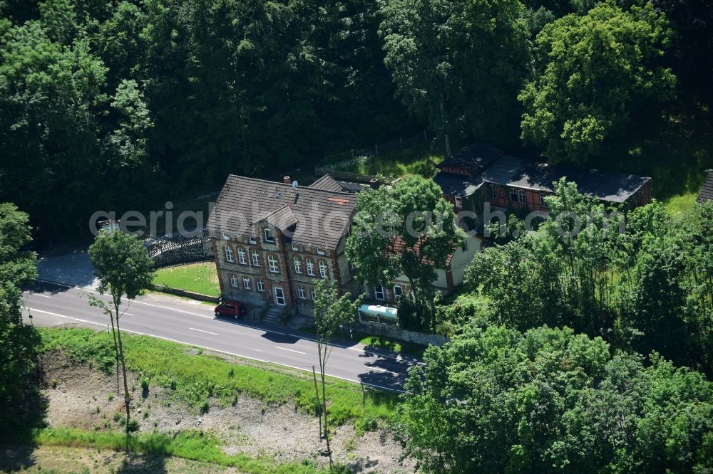 Aerial image Huy - Tables and benches of open-air restaurants Gambrinus in Huy in the state Saxony-Anhalt