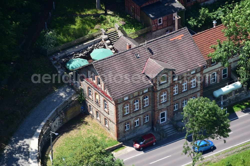 Aerial photograph Huy - Tables and benches of open-air restaurants Gambrinus in Huy in the state Saxony-Anhalt