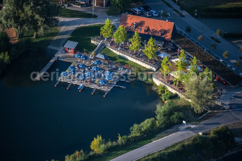 Spalt from above - Tables and benches of open-air restaurants Grosser Brombachsee in Spalt in the state Bavaria, Germany