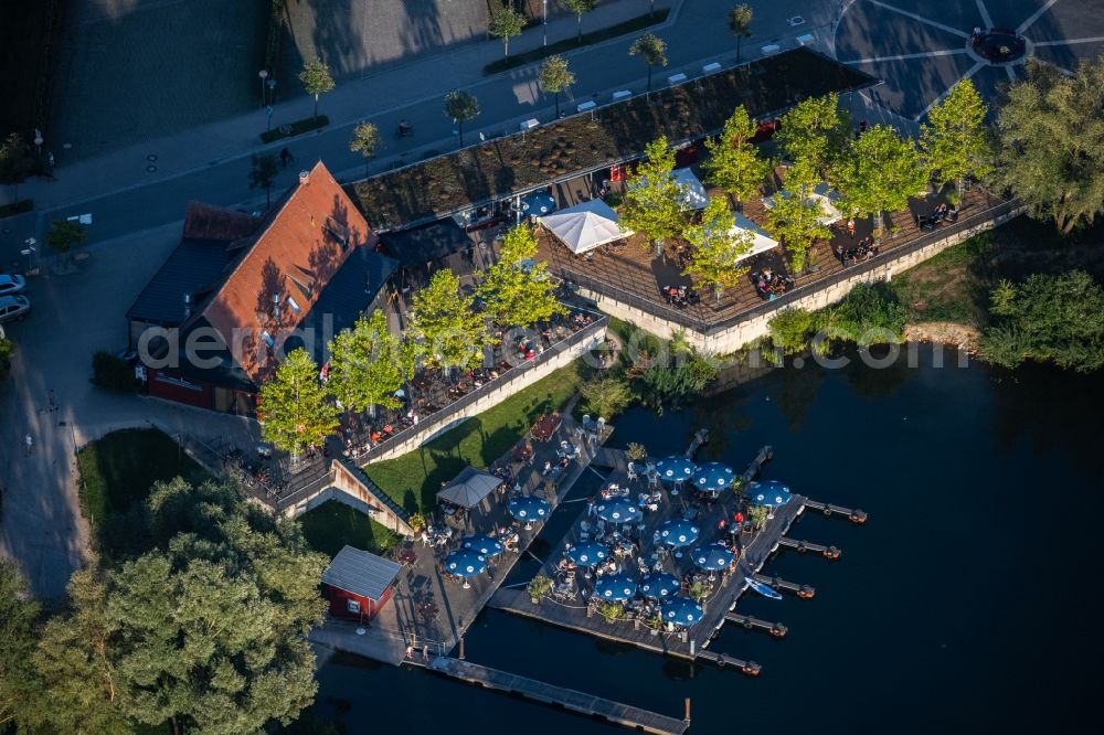 Aerial image Spalt - Tables and benches of open-air restaurants Grosser Brombachsee in Spalt in the state Bavaria, Germany