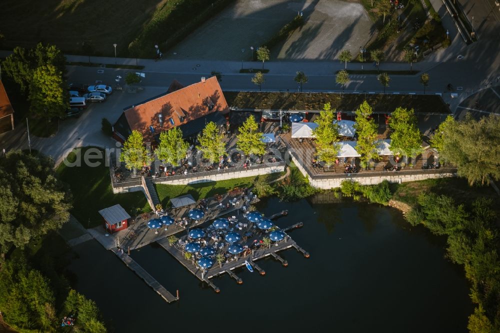 Aerial photograph Spalt - Tables and benches of open-air restaurants Grosser Brombachsee in Spalt in the state Bavaria, Germany