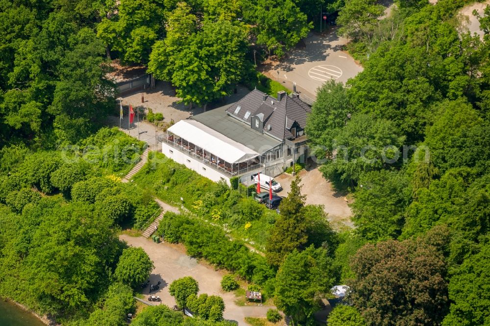 Aerial image Breckerfeld - Tables and benches of open-air restaurants Haus Gloertal on Gloertalsperre in Breckerfeld in the state North Rhine-Westphalia, Germany