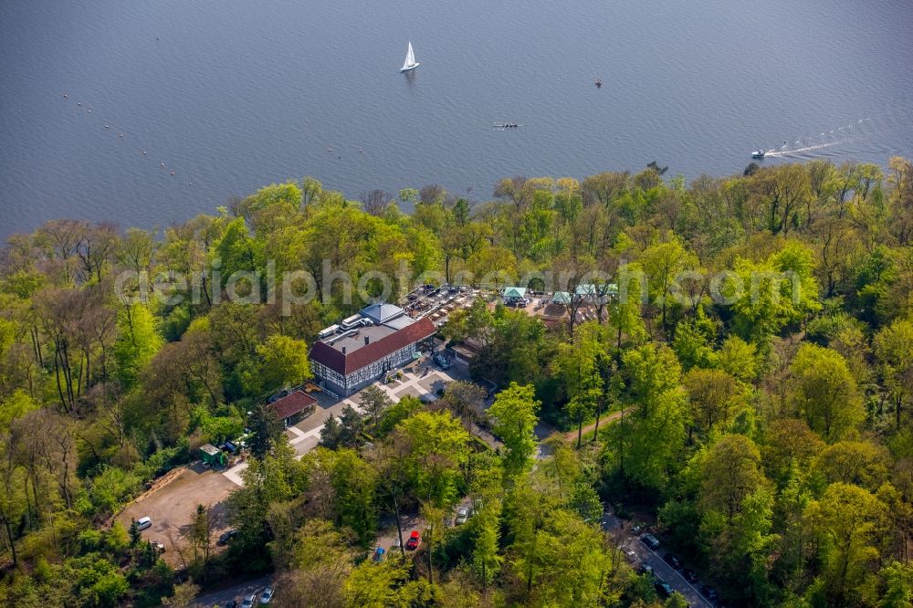 Aerial image Essen - Tables and benches of open-air restaurants Jagdhaus Schellenberg on Heisinger Strasse in Essen in the state North Rhine-Westphalia