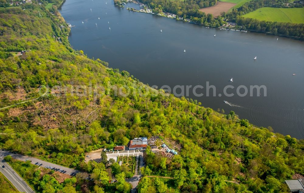 Aerial image Essen - Tables and benches of open-air restaurants Jagdhaus Schellenberg on Heisinger Strasse in Essen in the state North Rhine-Westphalia