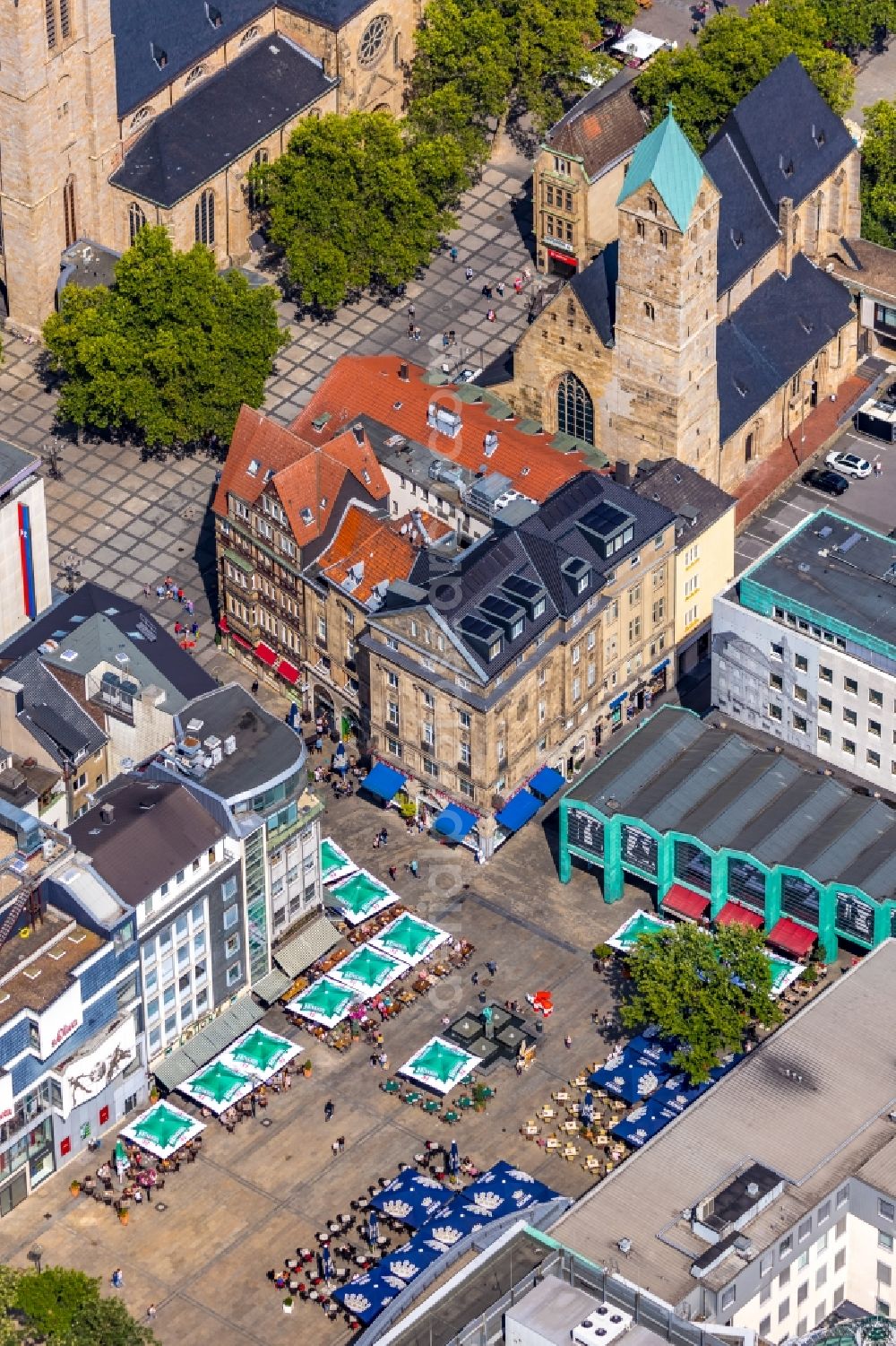 Aerial image Dortmund - Tables and benches of open-air restaurants on Markt in Dortmund in the state North Rhine-Westphalia, Germany