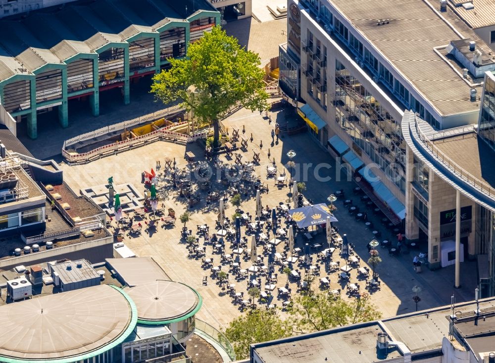 Aerial image Dortmund - Tables and benches of open-air restaurants on Markt in Dortmund in the state North Rhine-Westphalia, Germany