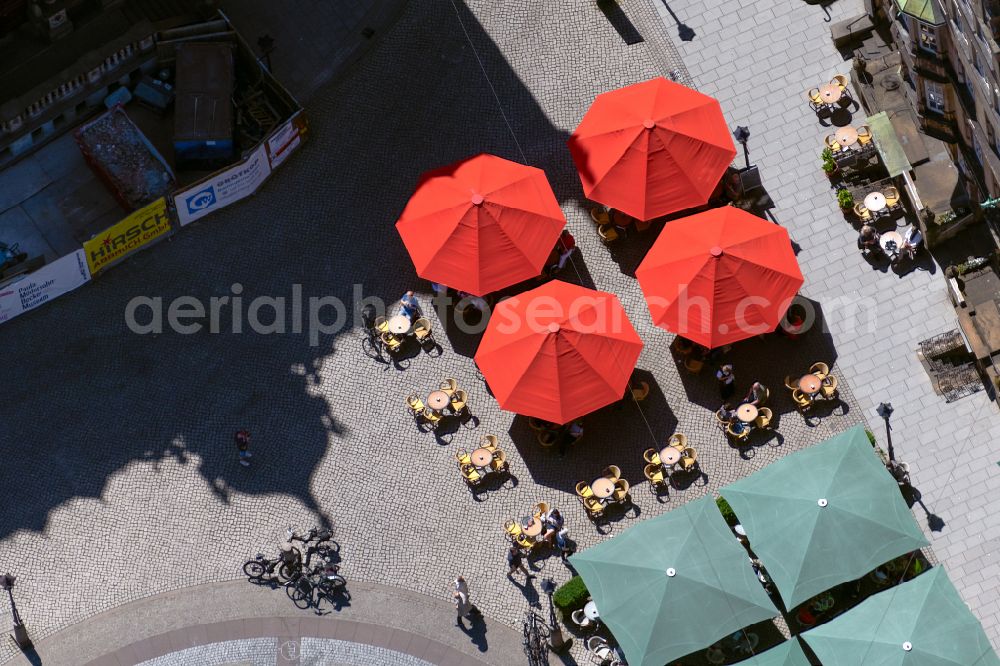 Aerial image Bremen - Tables and benches of open-air restaurants on street Am Markt in the district Altstadt in Bremen, Germany