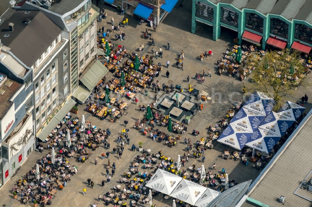 Aerial image Dortmund - Tables and benches of open-air restaurants on place Alter Markt in Dortmund in the state North Rhine-Westphalia