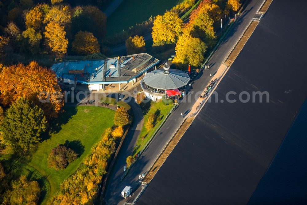 Aerial image Attendorn - Tables and benches of open-air restaurants am Ufer des See Biggesee in Attendorn in the state North Rhine-Westphalia