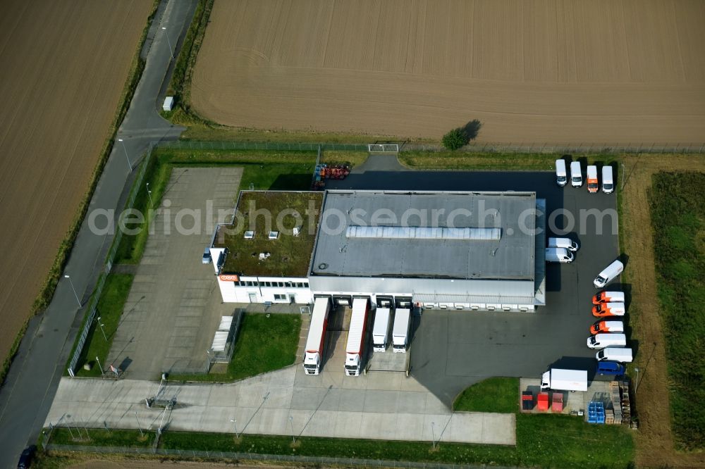 Laage from the bird's eye view: Freight forwarding building a logistics and transport company TNT Rostock-Laage on Levkendorfer Strasse in Laage in the state Mecklenburg - Western Pomerania, Germany