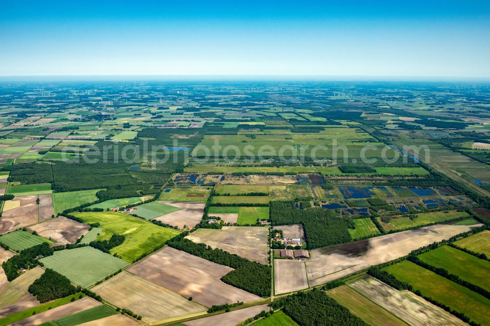 Freistatt from the bird's eye view: Peat degradation on the moor fields Freistaetter Moor in Freistatt in the state Lower Saxony, Germany