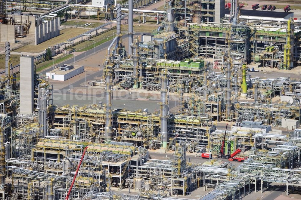 Leuna from the bird's eye view: View at the TOTAL refinery in central Germany in Leuna in the federal state of Saxony-Anhalt. The TOTAL refinery chemical site Leuna is one of the most modern refineries in Europe