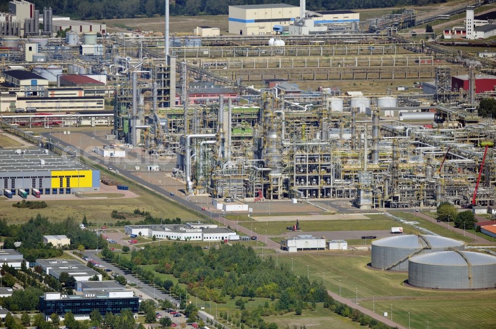 Leuna from the bird's eye view: View at the TOTAL refinery in central Germany in Leuna in the federal state of Saxony-Anhalt. The TOTAL refinery chemical site Leuna is one of the most modern refineries in Europe