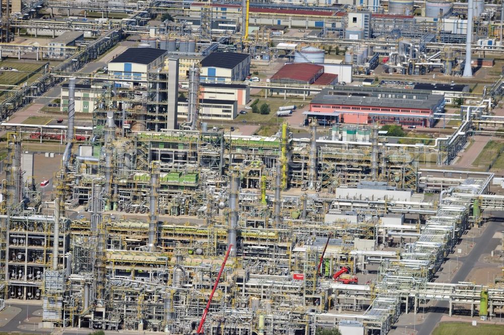 Leuna from the bird's eye view: View at the TOTAL refinery in central Germany in Leuna in the federal state of Saxony-Anhalt. The TOTAL refinery chemical site Leuna is one of the most modern refineries in Europe